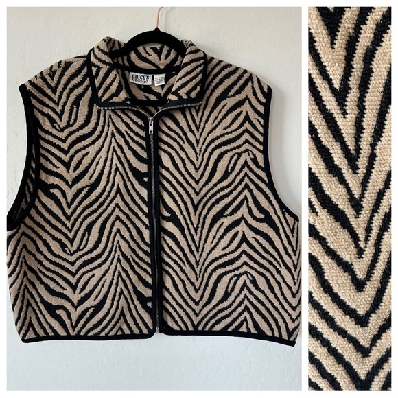 Chicos Vintage Tan & Black Zebra Animal Print Zip Front Tapestry Vest Size 3 - Picture 1 of 13